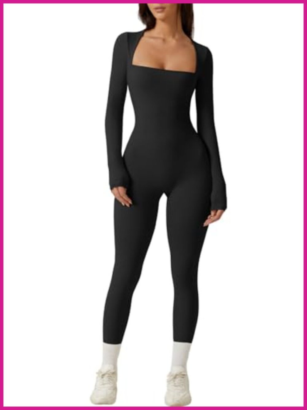 Square Neck Long Sleeve Full Length Leggings Bodycon Stretch Jumpsuit
